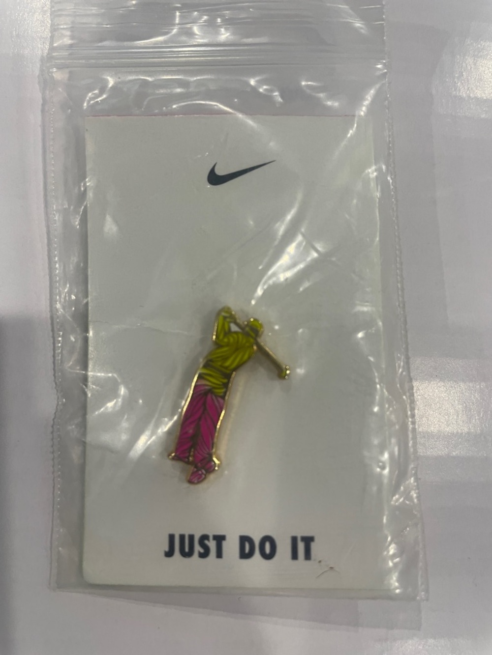 Nike Gold-Trim Golfer Enamel Pin in Lime Green and Hot Pink